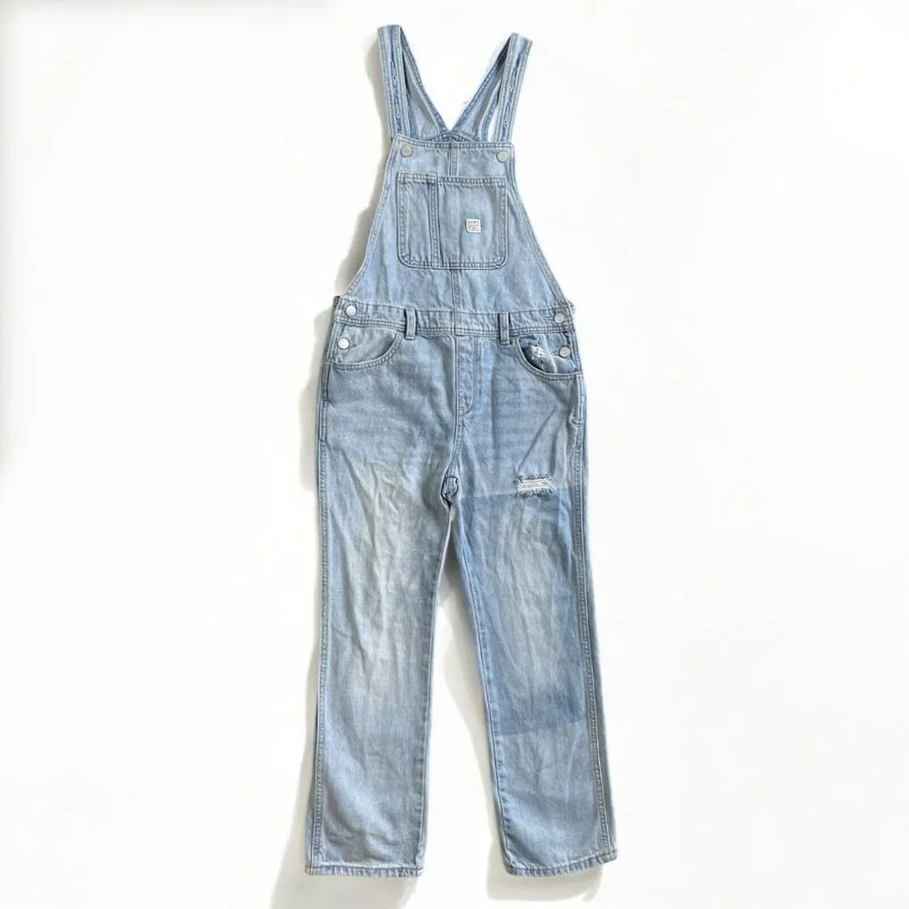 Old Navy Vintage‎ Y2K Denim Bib Overalls Girls L 10-12 Blue Light Wash Relaxed